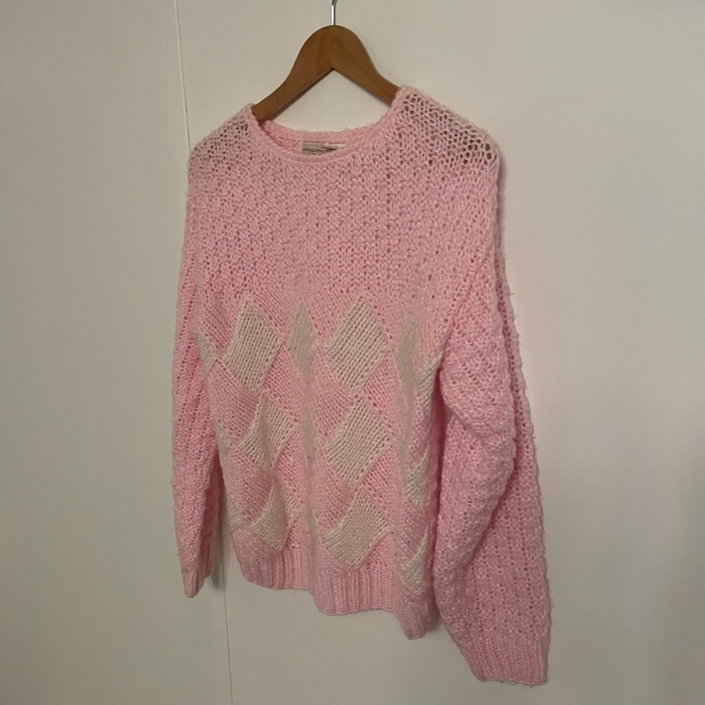 Forindi Vintage 80’s Soft Pink and Cream Diamond Sweater Size M Lightweight - Picture 4 of 7
